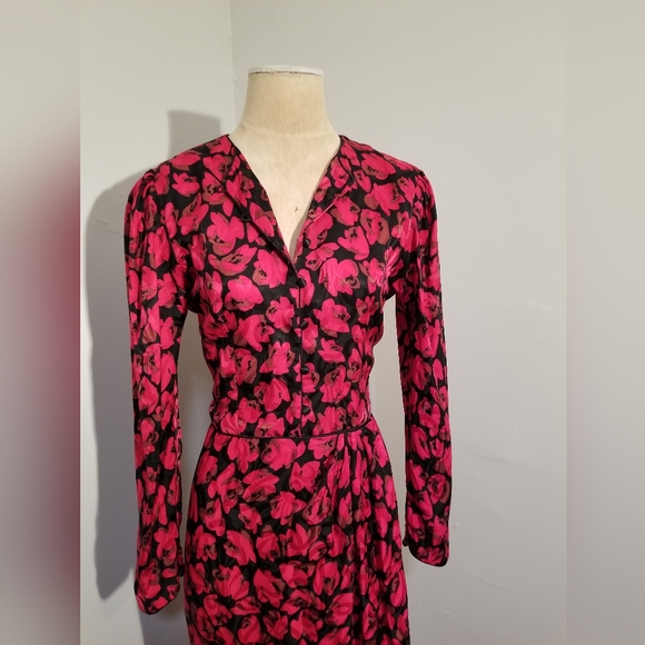 MAGGY LONDON BY JEANNENE BOOHER VINTAGE SILK RED BLACK FLORAL FAUX WRAP DRESS 12 - Picture 6 of 10